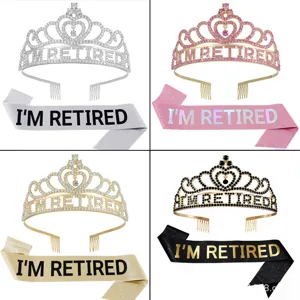Retirement Party Crown And Sash Rhinestone Tiara Headband Glitter Sash For Women Celebration Party Supplies