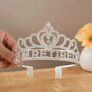 Silver rhinestone I'M RETIRED tiara crown hair hoop for retirement party celebration events.