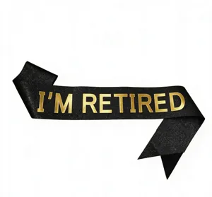 Black glitter retirement party sash with gold text, perfect for retirement celebration events.