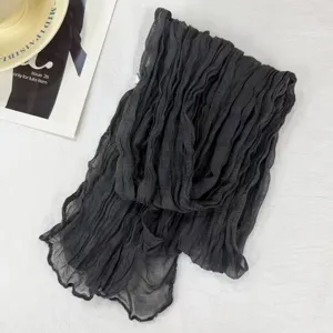 Bufanda plisada estrecha gris oscuro, pañuelo arrugado de voile ligero para mujer.