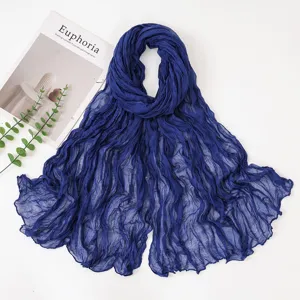 Royal blue crinkled scarf for women, lightweight sheer long shawl and wrap for daily wear.