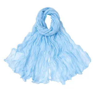 Light blue crinkled chiffon long scarf for women, soft solid color fashion shawl drape daily.
