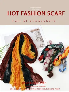 Close-up detail view of colorful crinkled gradient Bali yarn scarves, soft autumn winter accessory.