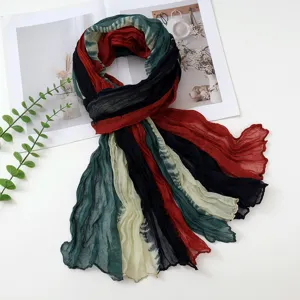 Gradient crinkled scarf, cotton linen feel, retro versatile long women shawl winter.