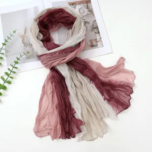 Gradient crinkle cotton linen scarf for women, vintage long shawl autumn winter fashion wrap.