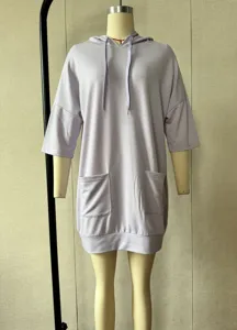 Casual loose hooded sweatshirt dress with drawstring and pockets, solid color daily outfit.