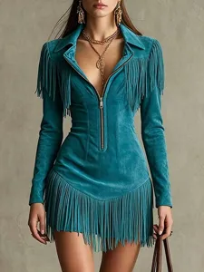 Western fringe long sleeve short dress, deep V lapel, zipper bodycon party dress style.
