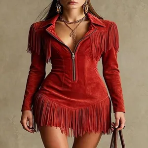 Western style red fringe long sleeve mini dress, deep V-neck zip front bodycon party dress