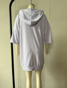 Casual loose hooded sweatshirt dress in solid lavender purple, short sleeve comfort apparel.