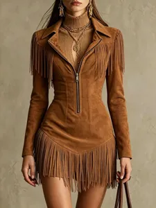 Western style fringe brown long sleeve mini dress zip V-neck party bodycon chic