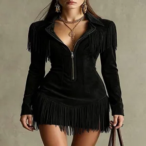 Women Western Style Fringe Long Sleeve Mini Dress Deep V Neck Lapel Zipper Bodycon American Party Polyester Dress