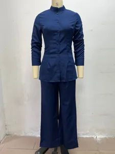 Completo camicia collo coreana manica lunga e pantaloni ampi outfit semplice due pezzi