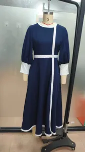 Elegant contrast color midi dress featuring bell sleeves, slim waist, and deep blue tone.