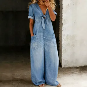 Women summer casual denim jumpsuit short sleeve V-neck wide leg pants pockets chic style