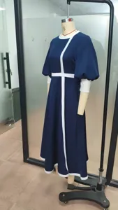 Elegant dark blue midi dress with contrast white trim, 3/4 lantern sleeves and slim waist.