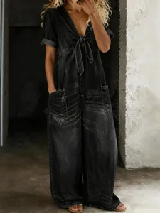 Women solid color casual denim short sleeve wide leg jumpsuit summer fashion stylish romper