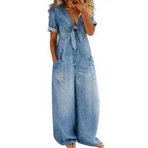 Casual denim jumpsuit for women, short sleeve V-neck tie front wide leg long pants.