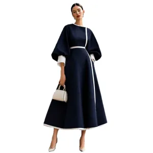 Elegant contrast color midi dress with lantern sleeves and slim waist for women.