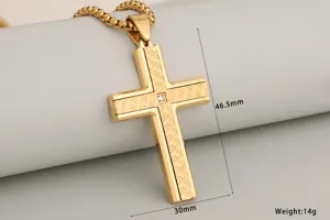 Gold stainless steel cross pendant necklace with clear dimensions and elegant design for daily wear.