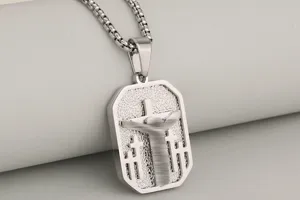 Stainless steel religious cross dog tag pendant necklace for men stylish jewelry detail.