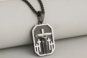 Men stainless steel cross pendant necklace hip hop religious military dog tag jewelry