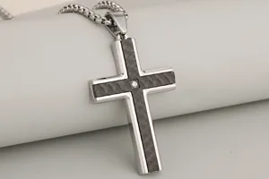 Stainless steel cross pendant necklace for men and women, modern design with carbon fiber style.