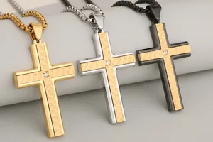 Stainless steel cross pendant necklace with dual color finish and sparkling crystal stone.