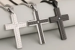 Close-up details of stainless steel cross pendant necklace, multi-color option display.