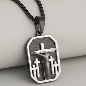 Men stainless steel religious cross dog tag necklace cool hip hop pendant fashion jewelry