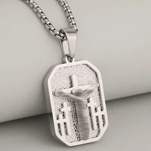 Mens stainless steel cross dog tag pendant necklace fashion hip hop religious jewelry
