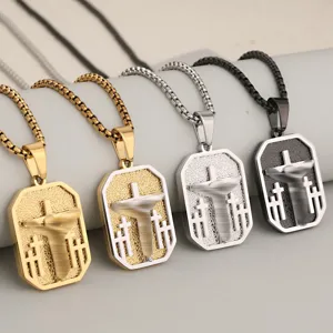 Stainless steel cross dog tag necklace for men, stylish religious hip hop jewelry main view