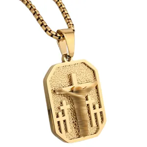 Men gold stainless steel cross pendant necklace religious hiphop military dog tag jewelry