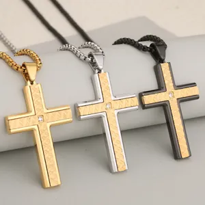 Stainless steel cross pendant necklace set, dual-color electroplated retro design for couples.