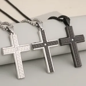 Stainless steel cross pendant necklace for men and women, fashion couple jewelry with sparkly stone.
