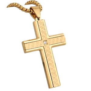 Stainless steel cross pendant for couples, retro textured gold necklace fashion jewelry.