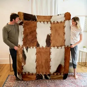 Cowhide Print Flannel Blanket with Faux Leather Laced Design Warm Soft Cozy Throw for Bed Sofa