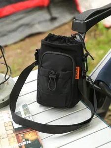 Black outdoor tactical shoulder bag casual phone pouch with drawstring and mesh pocket.