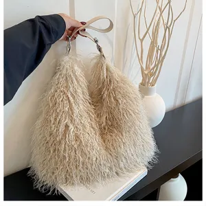 Sac à épaule duveteux effet mouton pour femme, sac à main tendance automne hiver en fausse fourrure.