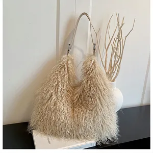 Sac à épaule douillet en fausse fourrure duveteuse, sac à main tendance automne hiver.