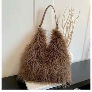 Sac à épaule moelleux automne hiver pour femme élégant sac à main duveteux marron
