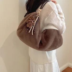 Bolso de hombro de felpa marrón para mujer, bolso de axila esponjoso con oso, grande.