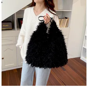 Femme duveteux peluche sac a epaule automne hiver noir shaggy sac a main doux mode decontracte