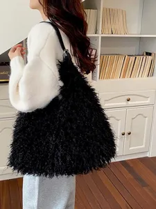 Sac epaule peluche femme hiver fourre-tout noir hobo chic cabas mode decontracte sac
