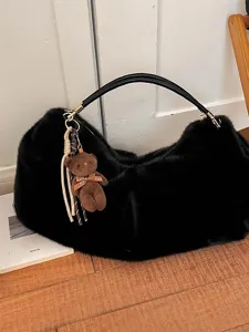 Bolso de hombro negro de felpa para mujer, bolso hobo de piel sintética con oso tierno.