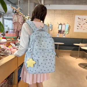 Sac à dos mignon imprimé d'étoiles pour étudiante, style doux, voyage loisir bleu clair