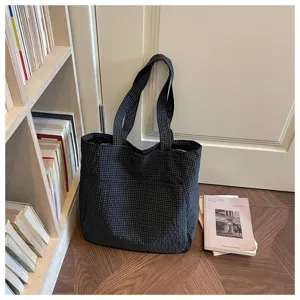 Koreanischer Stil schwarze Karo Stoff Shopper Tasche, große Kapazität lässige Schultertasche.