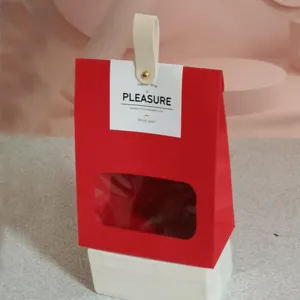 Red paper candy gift box with window handle wedding favor packaging wedding party supply sweet box 1pc