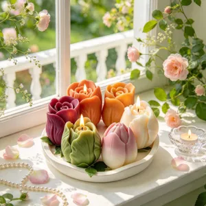 Close-up detailopname van romantische handgemaakte tulpen geurkaarsen in zachte pastelkleuren.