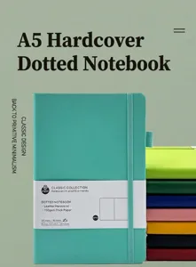 Closeup view of A5 hardcover dotted notebook with elastic band and 100gsm ink-proof thick paper.