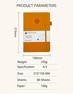 Details of orange A5 hardcover dotted notebook with elastic band, 100gsm thick paper.